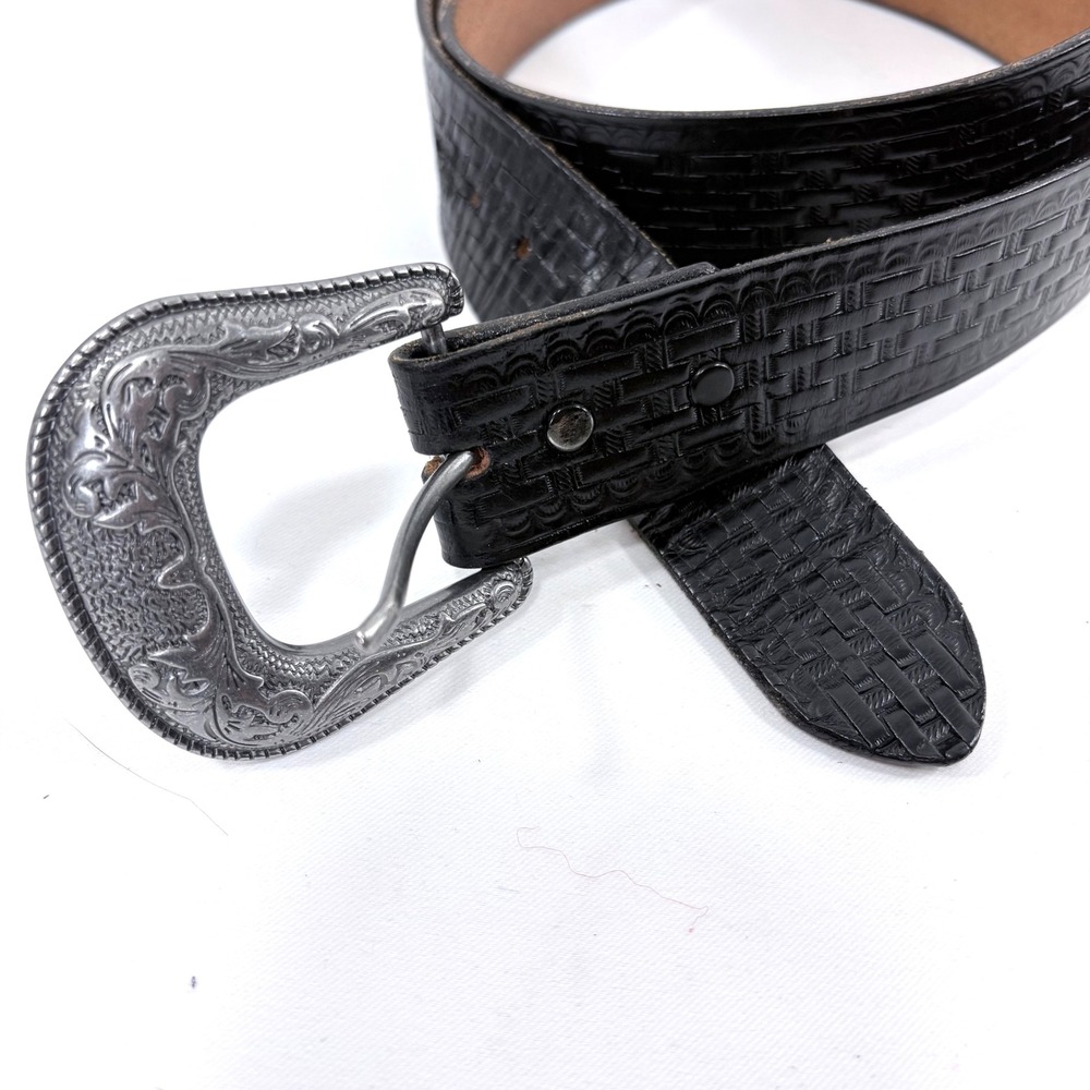 Vogel of Texas Belt Black Basketweave‎ Leather Western Floral Buckle Men Sz 42 - Picture 2 of 7